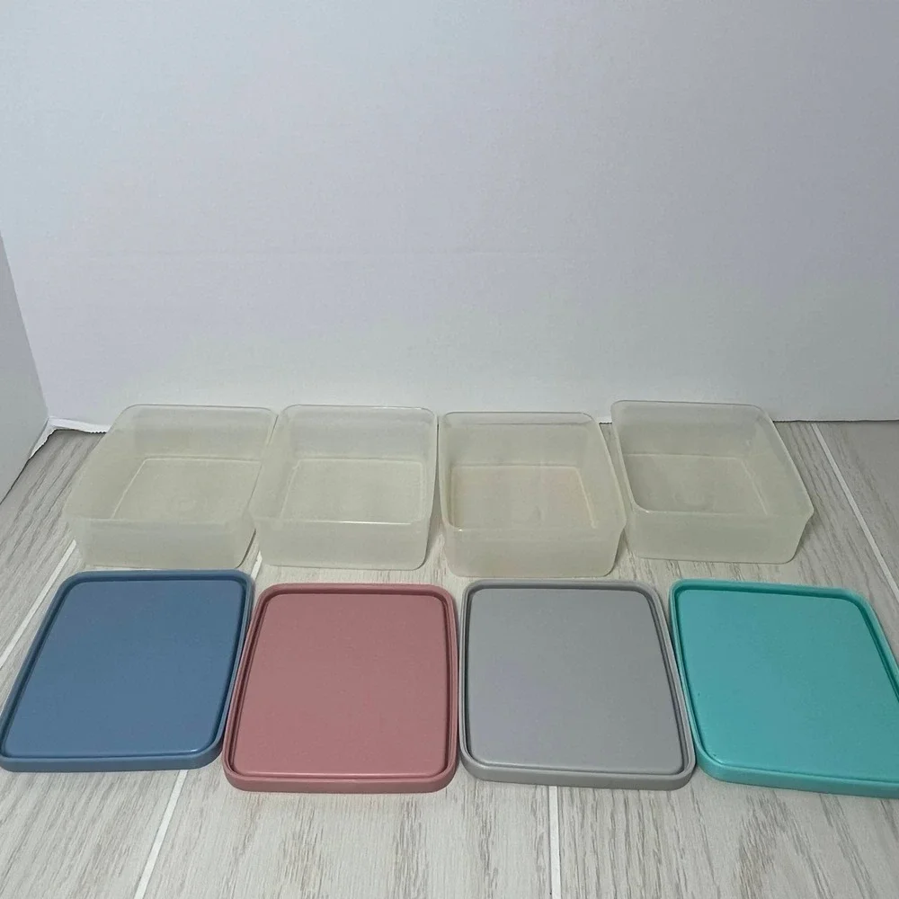 Tupperware Square a-way 4 Small Food Storage Containers pastel lids 1516